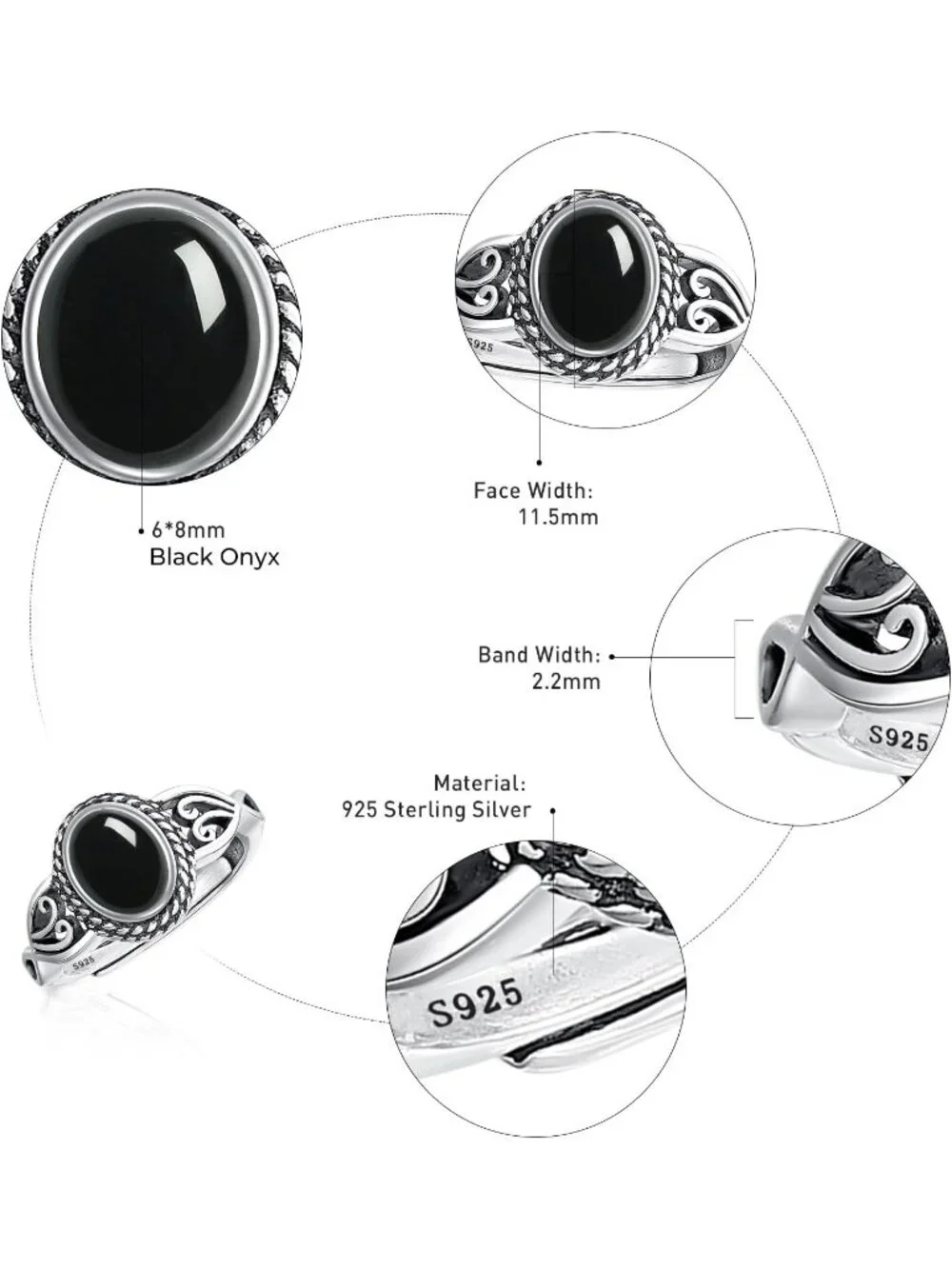 Women's Black Onyx 925 Sterling Silver Oval Adjustable Natural Stone Ring